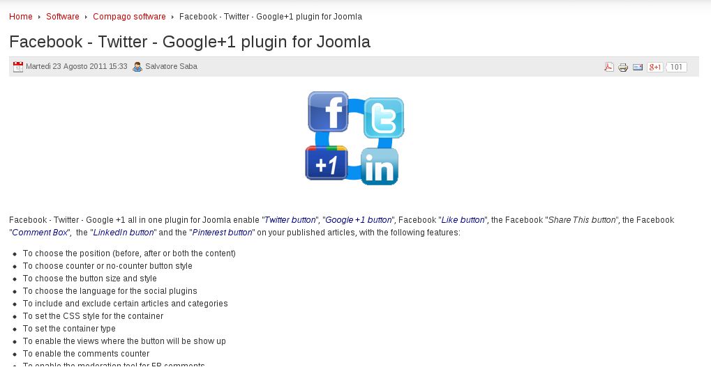 Facebook, Twitter, Google + plugin for Joomla